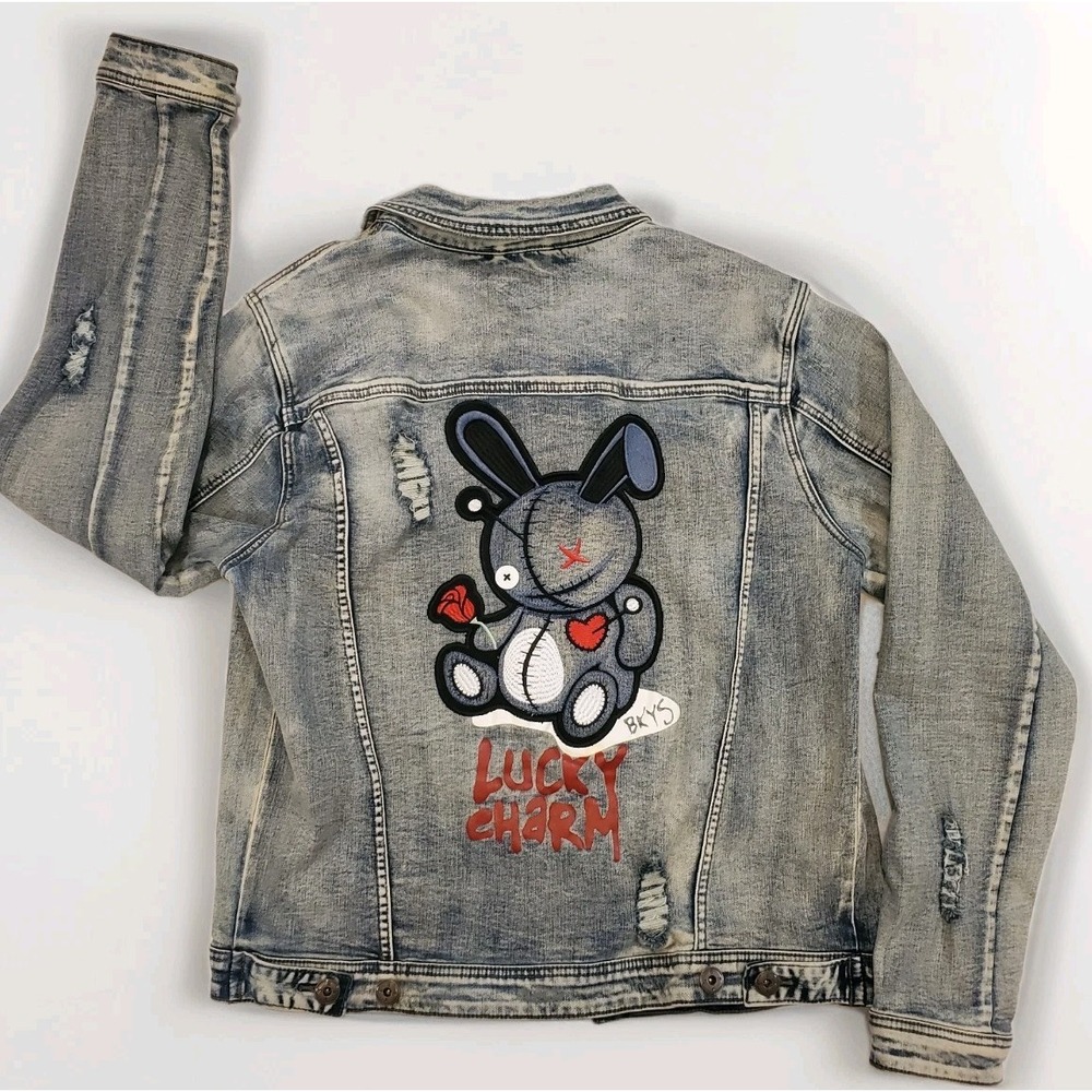 BKYS "Lucky Charm" Embroidered Jean‎ Jacket - Men's Large Blue Denim Distressed